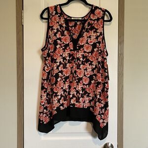 Black Rainn Top Womens Petite XL  Vibrant Red & Black Floral Print Sheer Bottom
